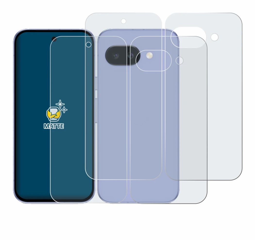 Image de l'appareil Google Pixel 9a (Avant+Arrière) avec une grande variété de protections d'écran.