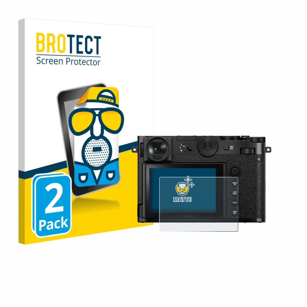 Face avant d’un emballage produit avec le logo de la marque BROTECT. À côté, l’appareil Fujifilm GFX 100RF est représenté avec