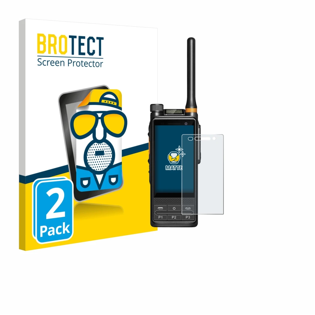 Face avant d’un emballage produit avec le logo de la marque BROTECT. À côté, l’appareil Hytera PDC680 est représenté avec la p