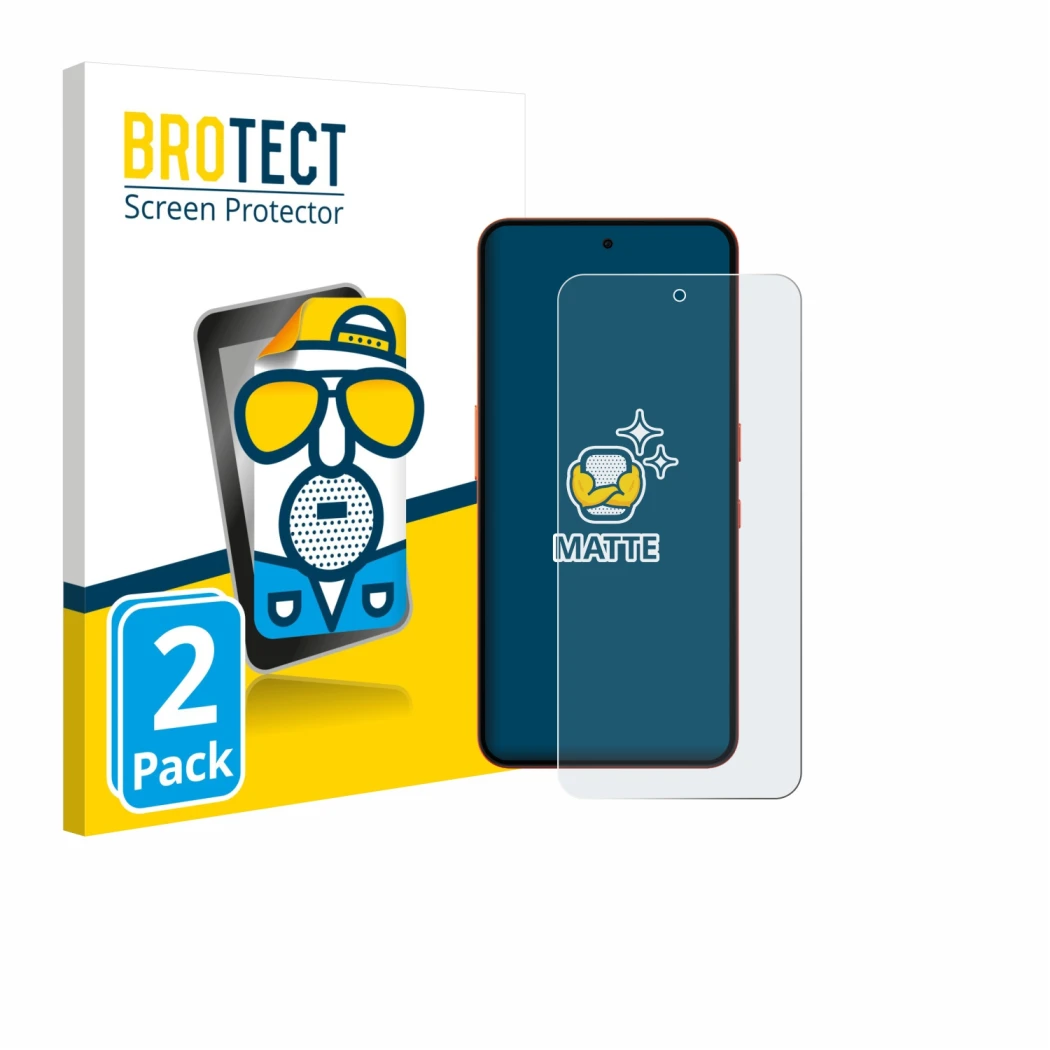 Face avant d’un emballage produit avec le logo de la marque BROTECT. À côté, l’appareil Nothing CMF Phone 2 Pro est représenté