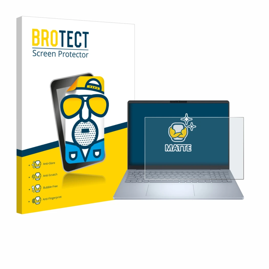 Face avant d’un emballage produit avec le logo de la marque BROTECT. À côté, l’appareil Dell 16 Plus Laptop est représenté ave