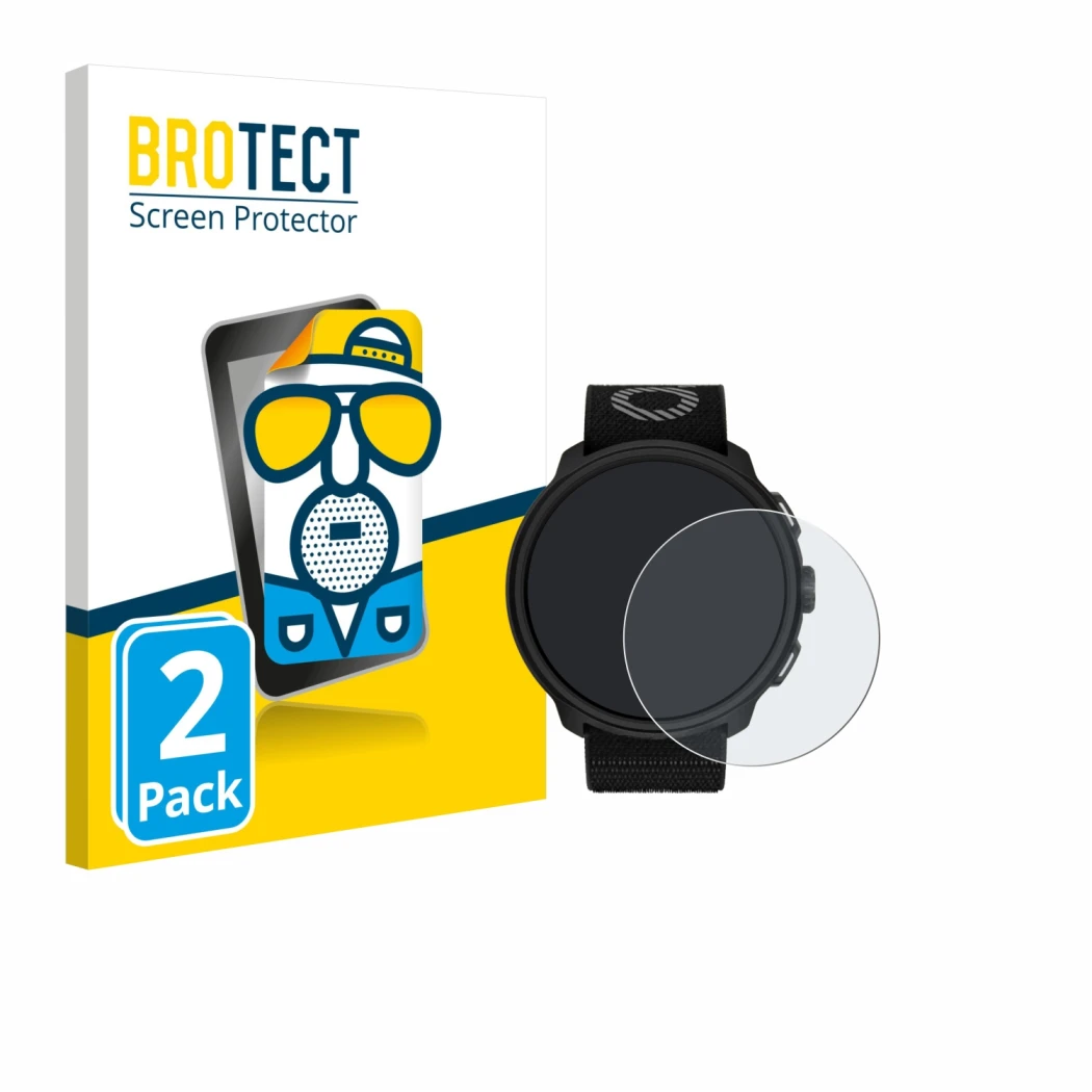 Face avant d’un emballage produit avec le logo de la marque BROTECT. À côté, l’appareil Suunto Run est représenté avec la prot