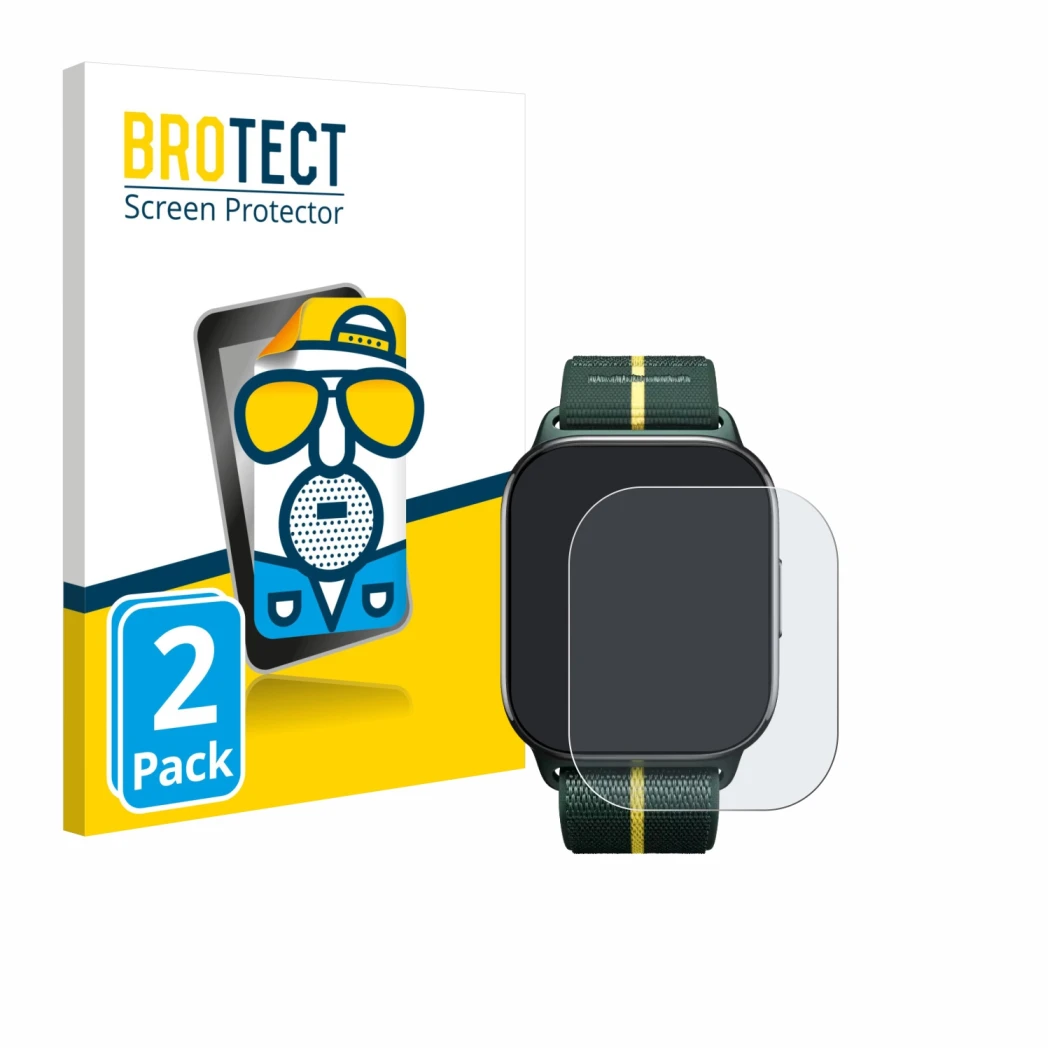 Face avant d’un emballage produit avec le logo de la marque BROTECT. À côté, l’appareil Motorola Moto watch fit est représenté