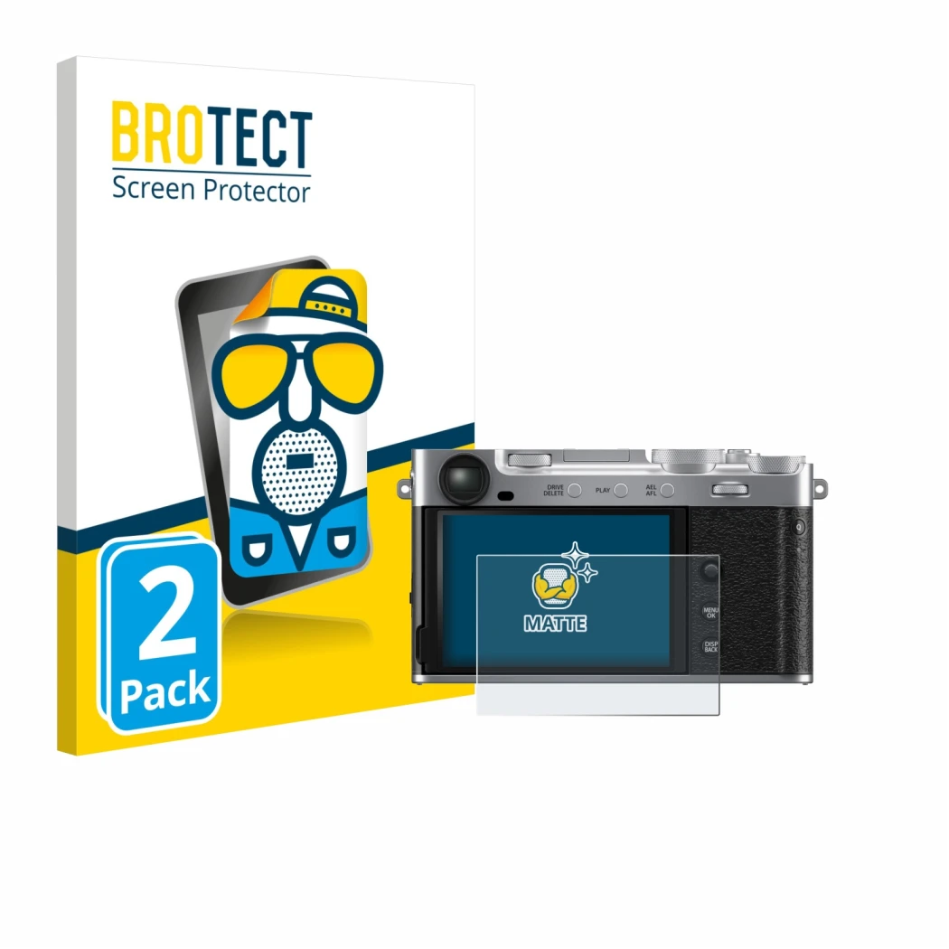 Face avant d’un emballage produit avec le logo de la marque BROTECT. À côté, l’appareil Fujifilm X-E5 est représenté avec la p