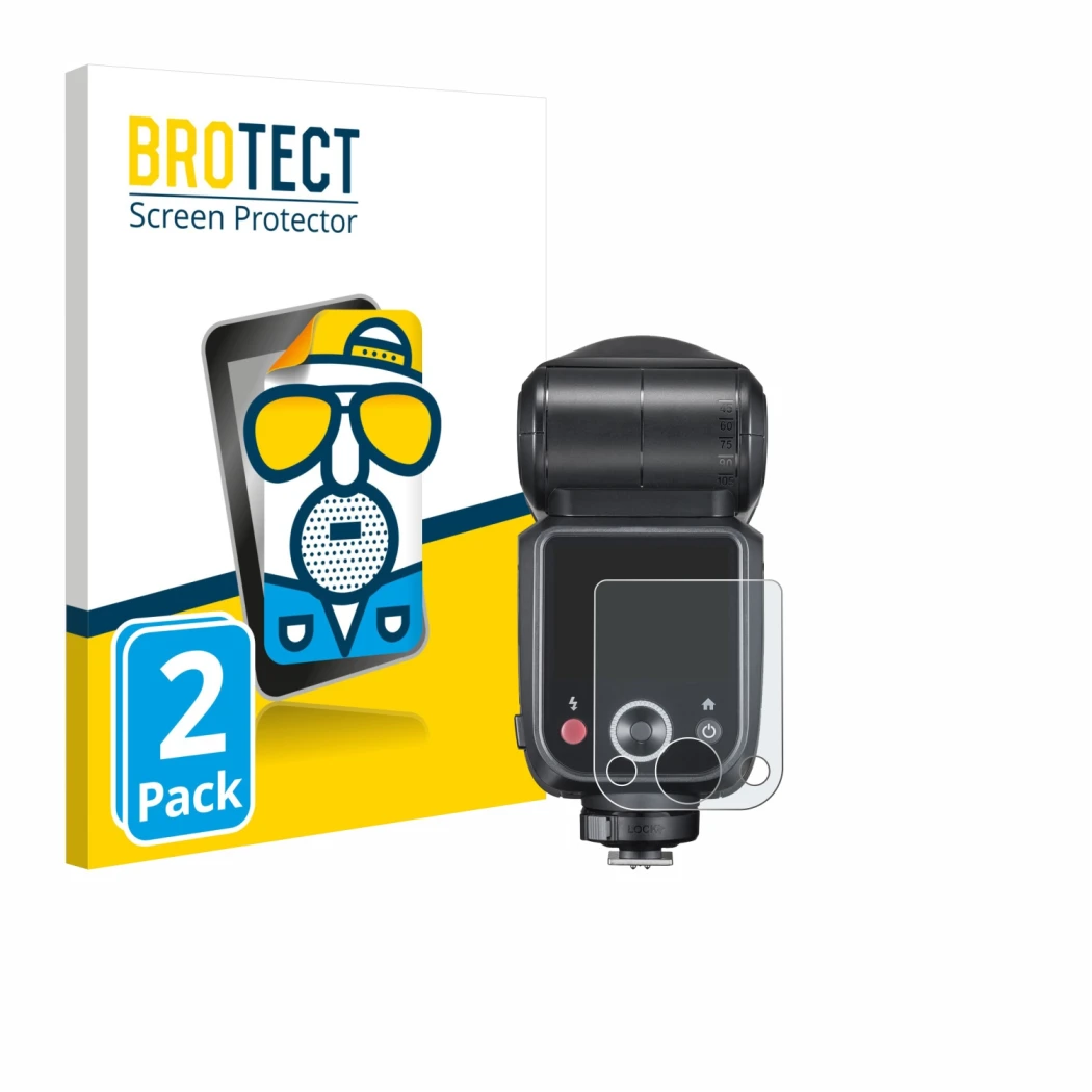 Face avant d’un emballage produit avec le logo de la marque BROTECT. À côté, l’appareil Godox V100 est représenté avec la prot