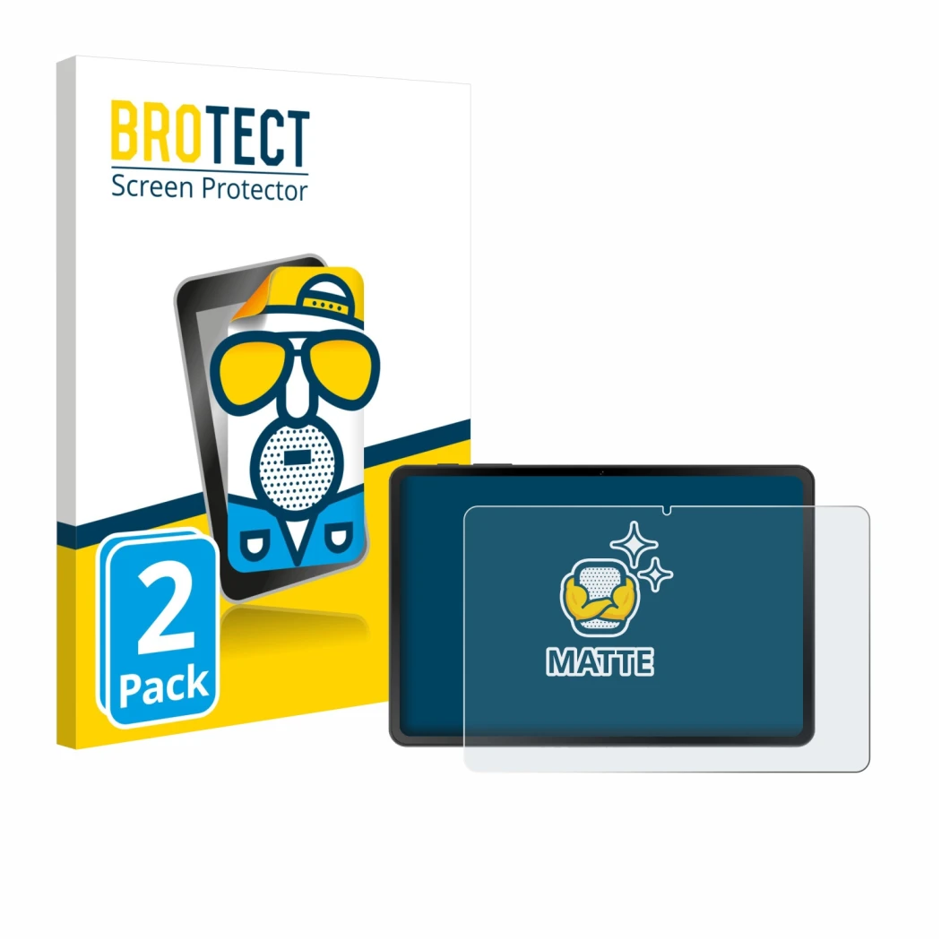 Face avant d’un emballage produit avec le logo de la marque BROTECT. À côté, l’appareil Doogee Tab A9 est représenté avec la p