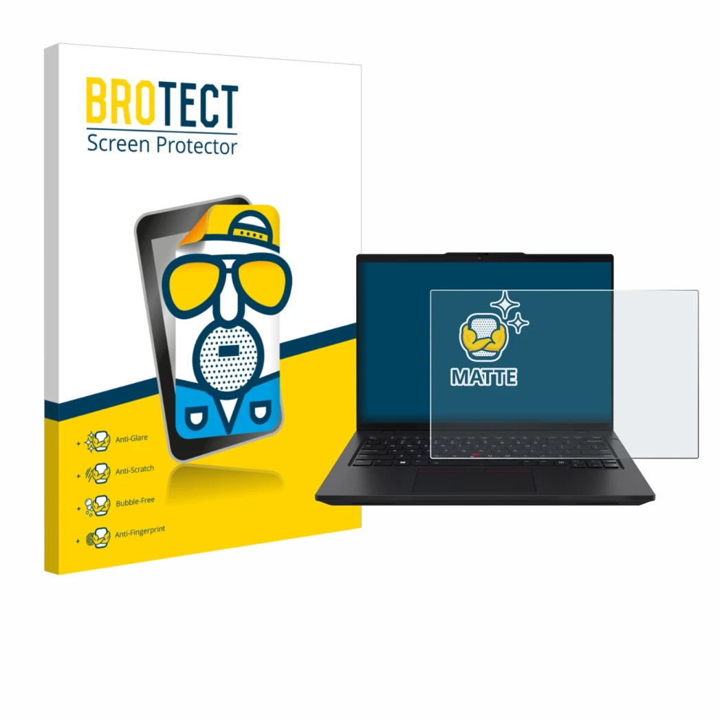 Face avant d’un emballage produit avec le logo de la marque BROTECT. À côté, l’appareil Lenovo ThinkPad L14 Gen 6 est représen