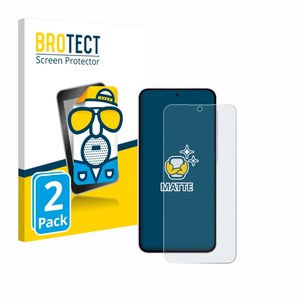 Face avant d’un emballage produit avec le logo de la marque BROTECT. À côté, l’appareil Samsung Galaxy A56 5G (case-friendly) 