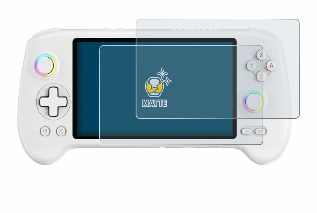 Image de l'appareil Anbernic RG557 avec une grande variété de protections d'écran.