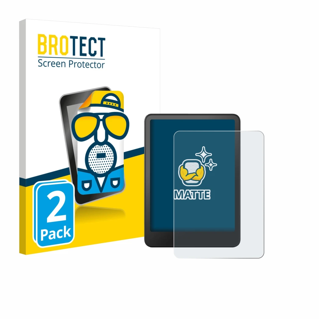 Face avant d’un emballage produit avec le logo de la marque BROTECT. À côté, l’appareil Amazon Kindle Colorsoft est représenté