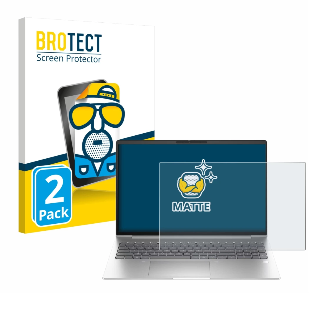 Face avant d’un emballage produit avec le logo de la marque BROTECT. À côté, l’appareil HP EliteBook 6 G1i 13 est représenté a