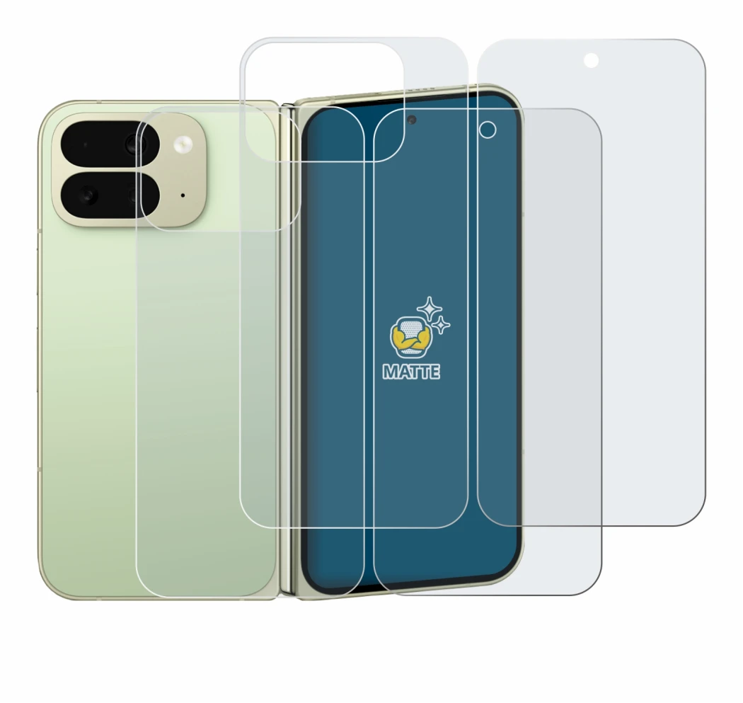 Image de l'appareil Google Pixel 10 Pro Fold (Avant+Arrière) avec une grande variété de protections d'écran.