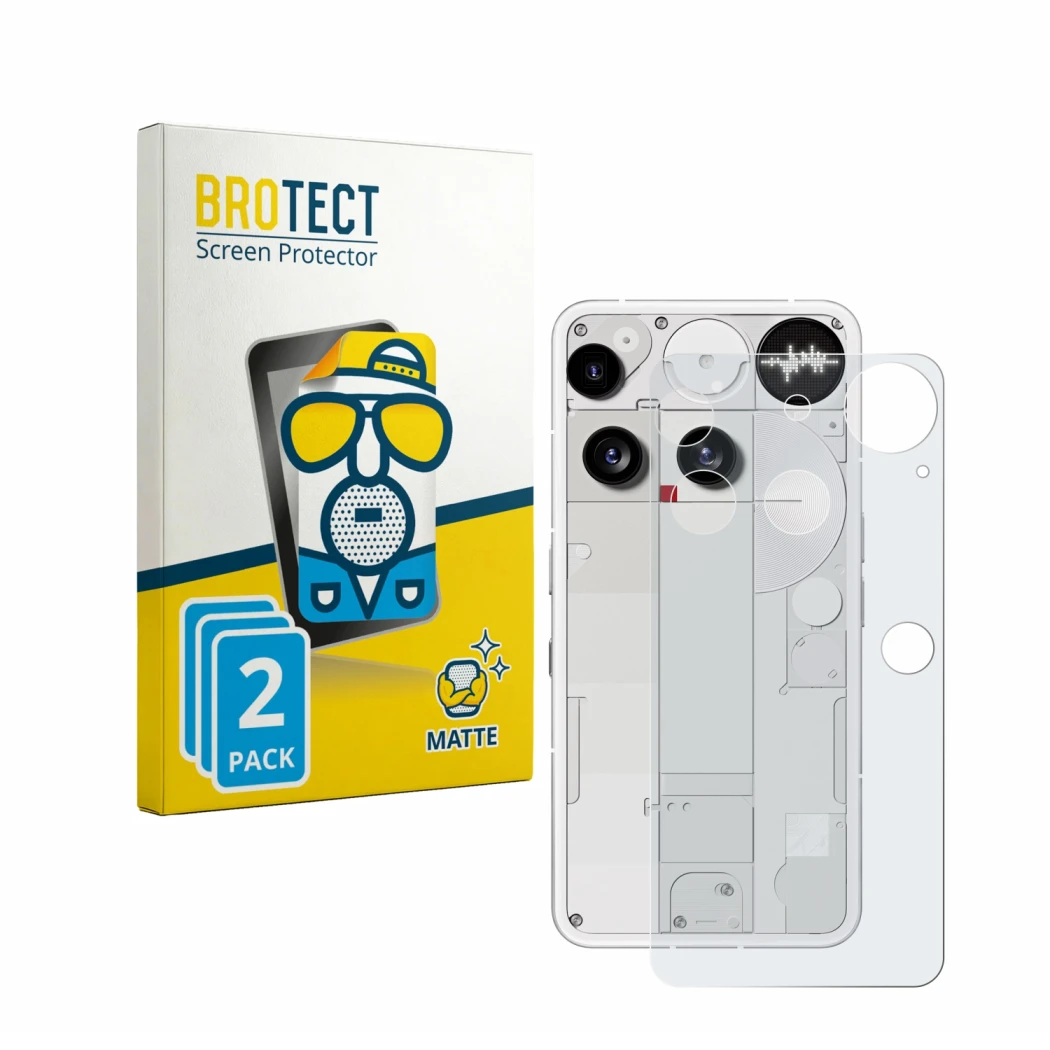 Face avant d’un emballage produit avec le logo de la marque BROTECT. À côté, l’appareil Nothing Phone (3) (Arrière) est représ