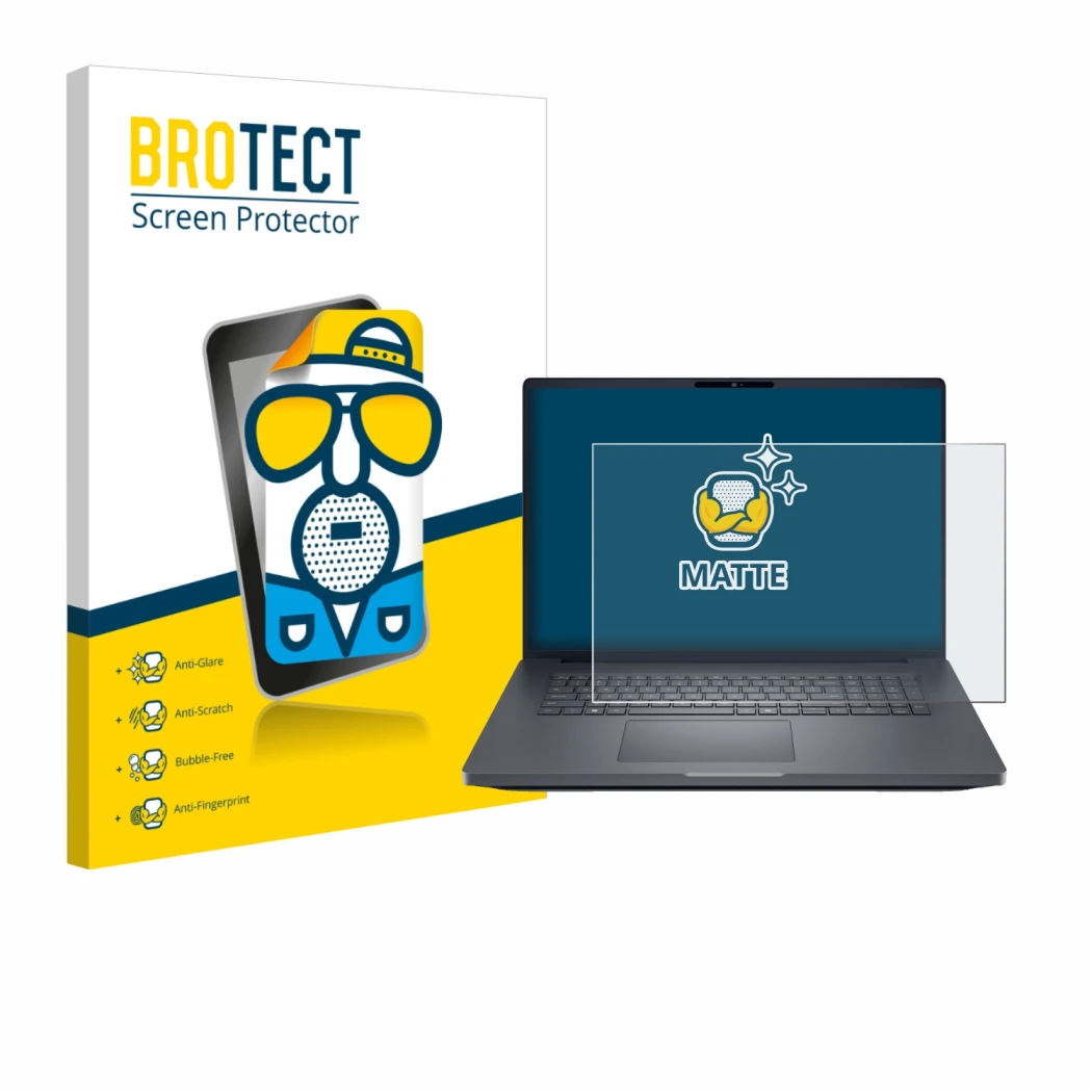 Face avant d’un emballage produit avec le logo de la marque BROTECT. À côté, l’appareil Dell Pro Max Plus 18 est représenté av
