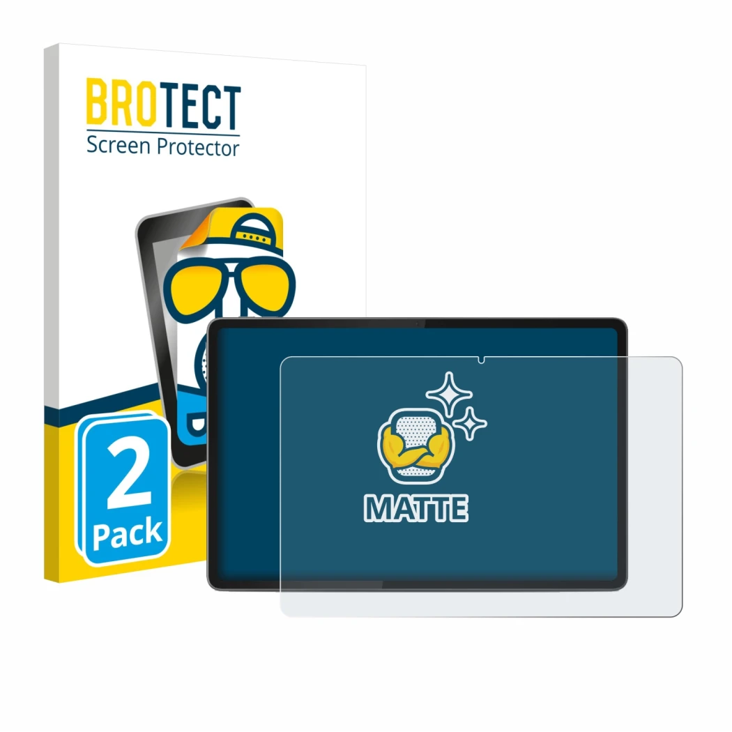 Face avant d’un emballage produit avec le logo de la marque BROTECT. À côté, l’appareil Lenovo Yoga Tab 11.1