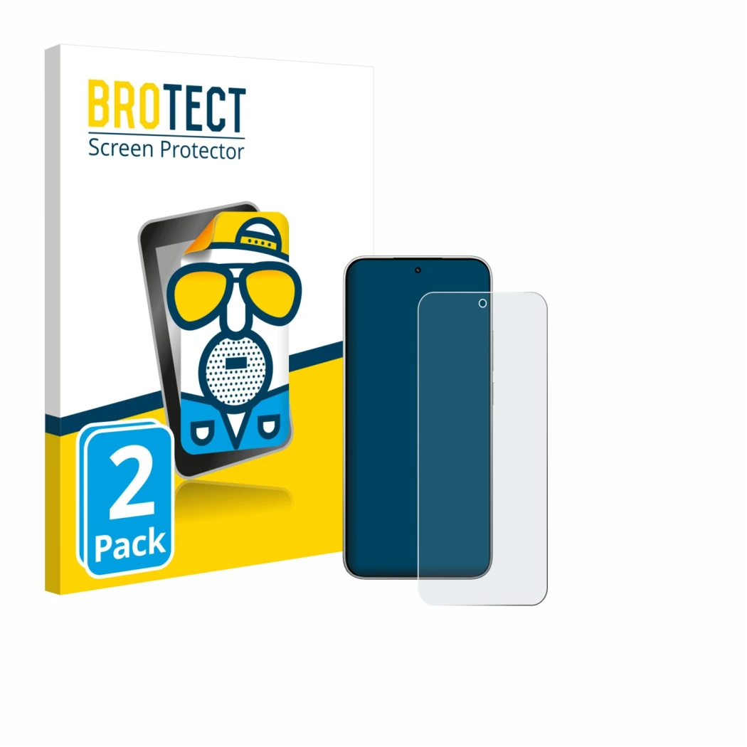 Face avant d’un emballage produit avec le logo de la marque BROTECT. À côté, l’appareil Xiaomi 15T est représenté avec la prot