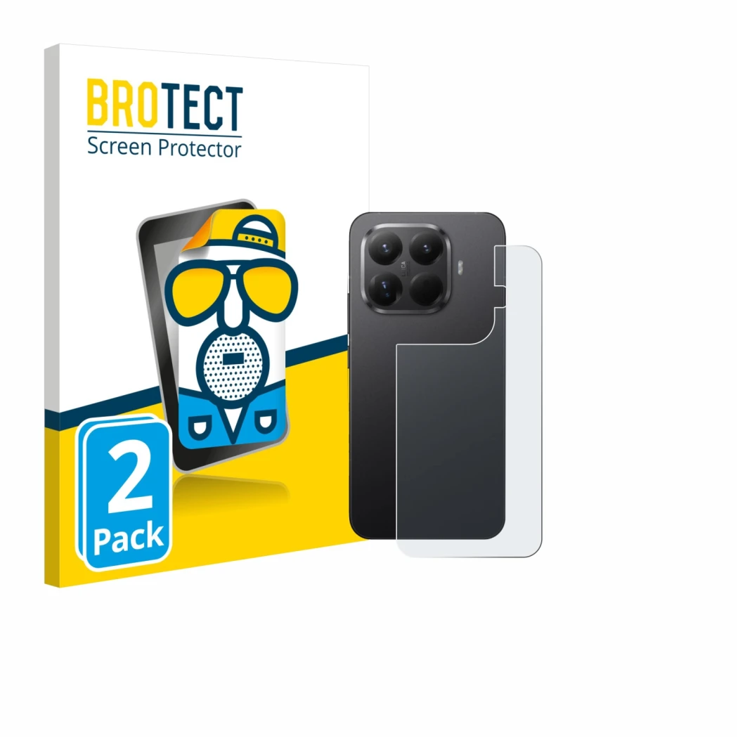 Face avant d’un emballage produit avec le logo de la marque BROTECT. À côté, l’appareil Xiaomi 15T Pro (Arrière) est représent