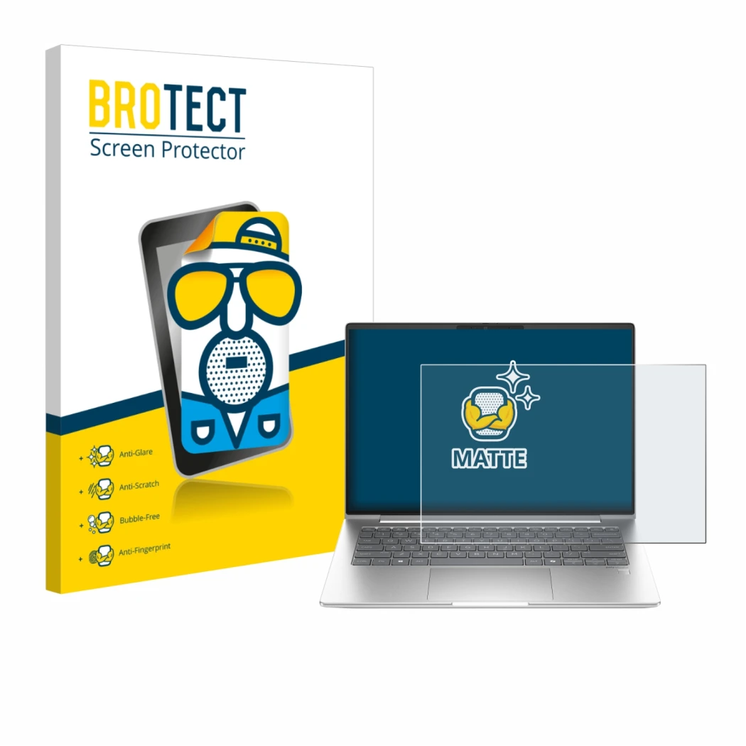 Face avant d’un emballage produit avec le logo de la marque BROTECT. À côté, l’appareil HP EliteBook 655 G11 est représenté av