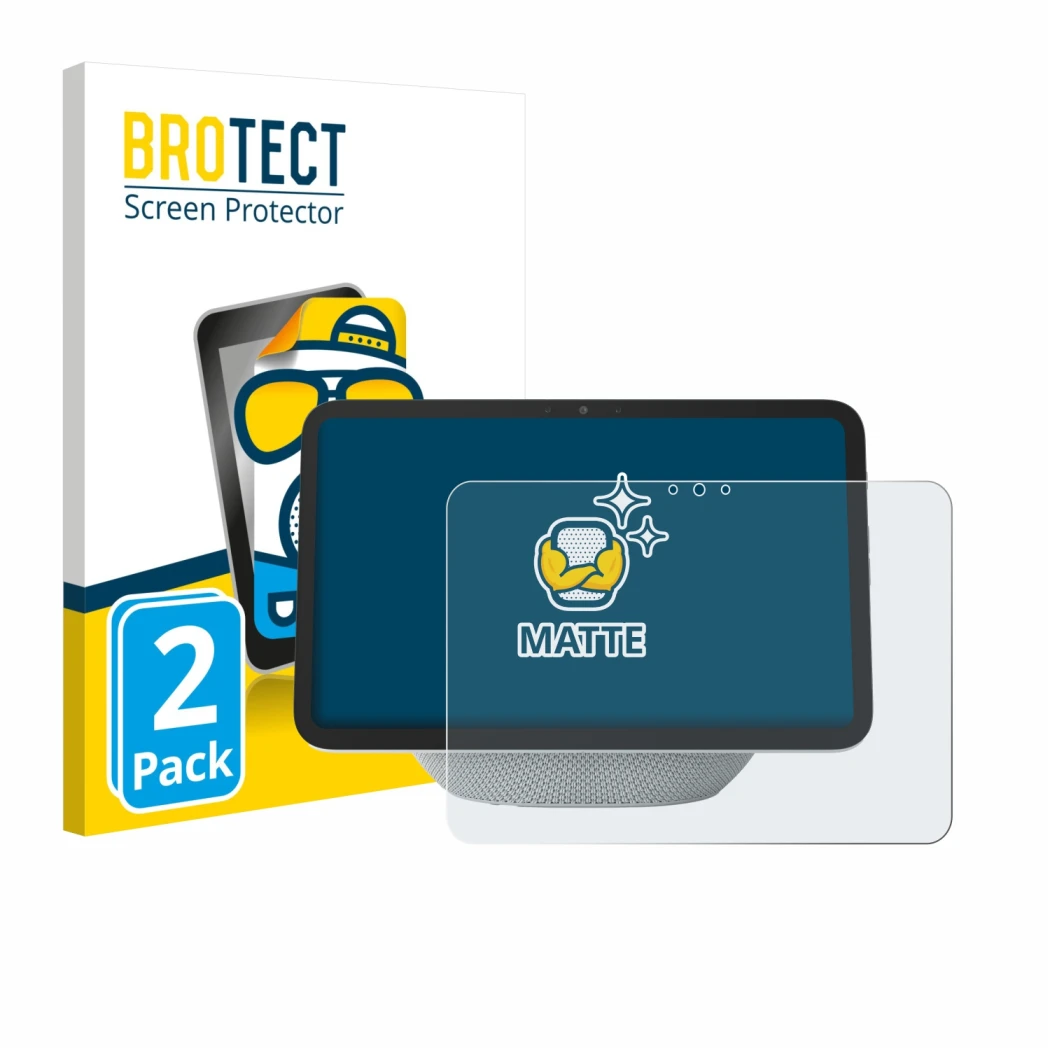 Face avant d’un emballage produit avec le logo de la marque BROTECT. À côté, l’appareil Amazon Echo Show 11 2025 est représent