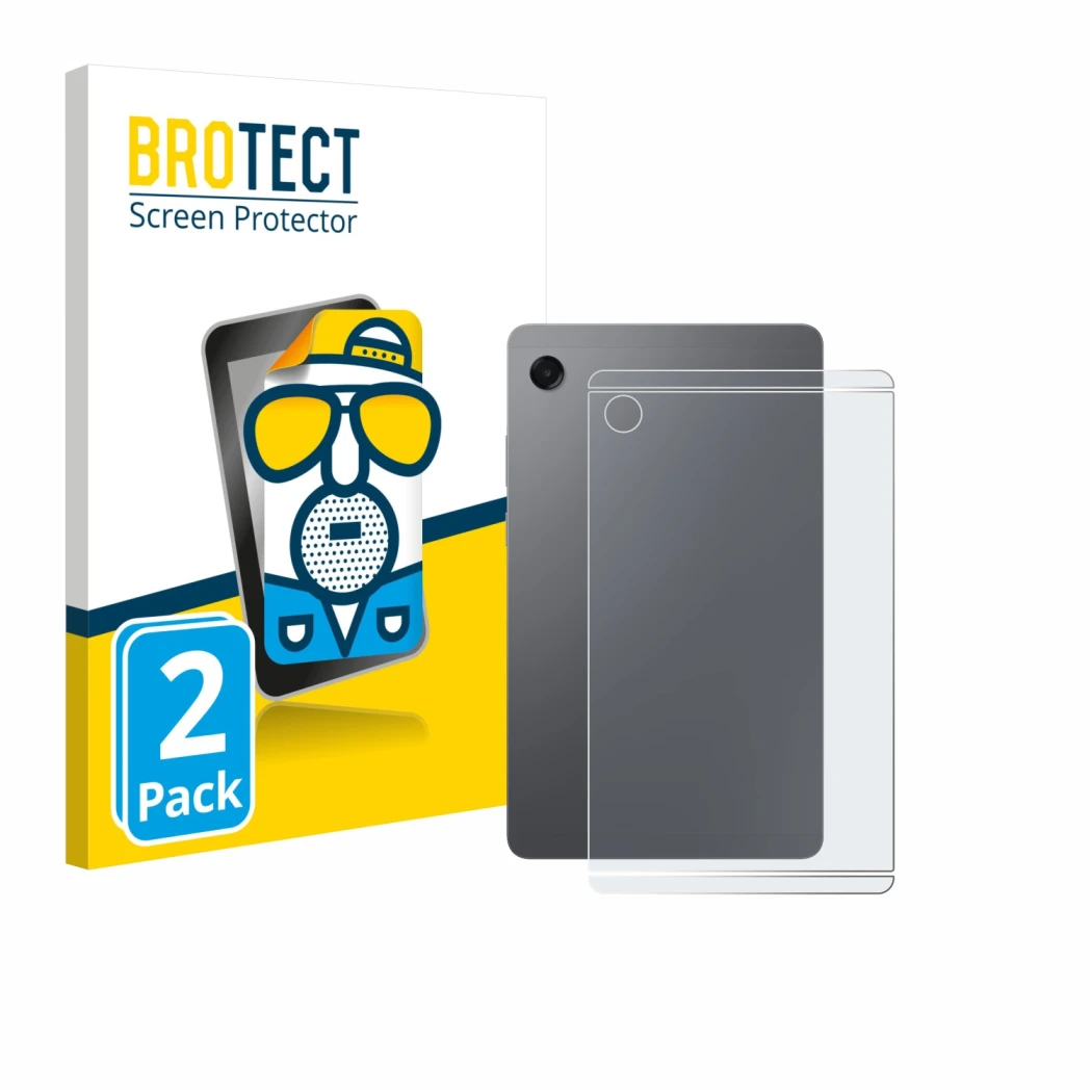 Face avant d’un emballage produit avec le logo de la marque BROTECT. À côté, l’appareil Samsung Galaxy Tab A11 8.7