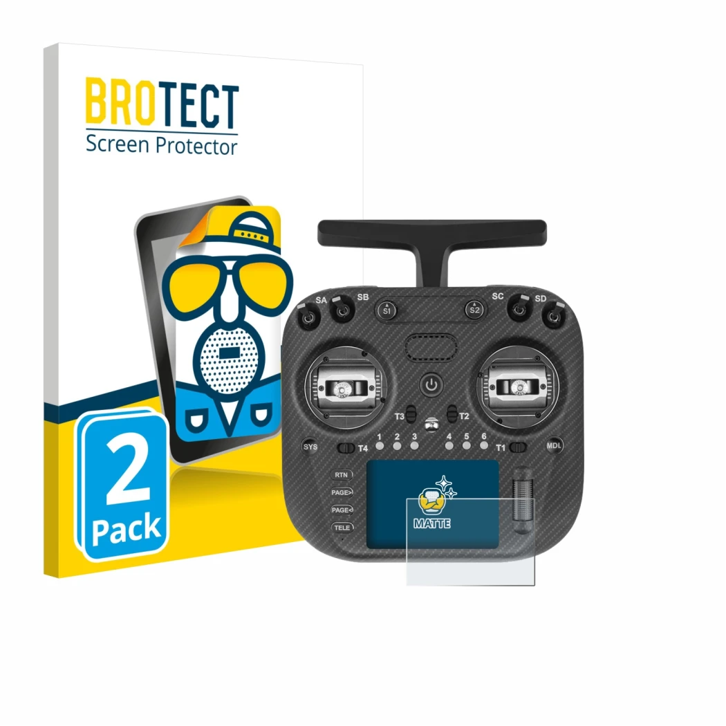 Face avant d’un emballage produit avec le logo de la marque BROTECT. À côté, l’appareil Radiomaster TX15 Max est représenté av