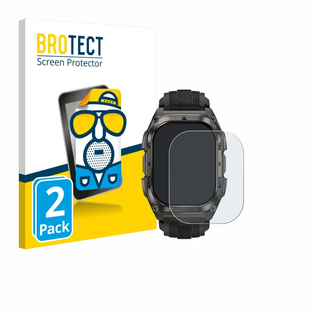 Face avant d’un emballage produit avec le logo de la marque BROTECT. À côté, l’appareil Kospet Tank M4 est représenté avec la 