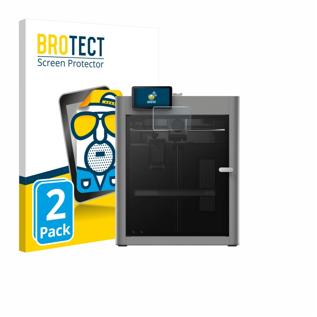 Face avant d’un emballage produit avec le logo de la marque BROTECT. À côté, l’appareil Bambu Lab P2S 3D Printer est représent