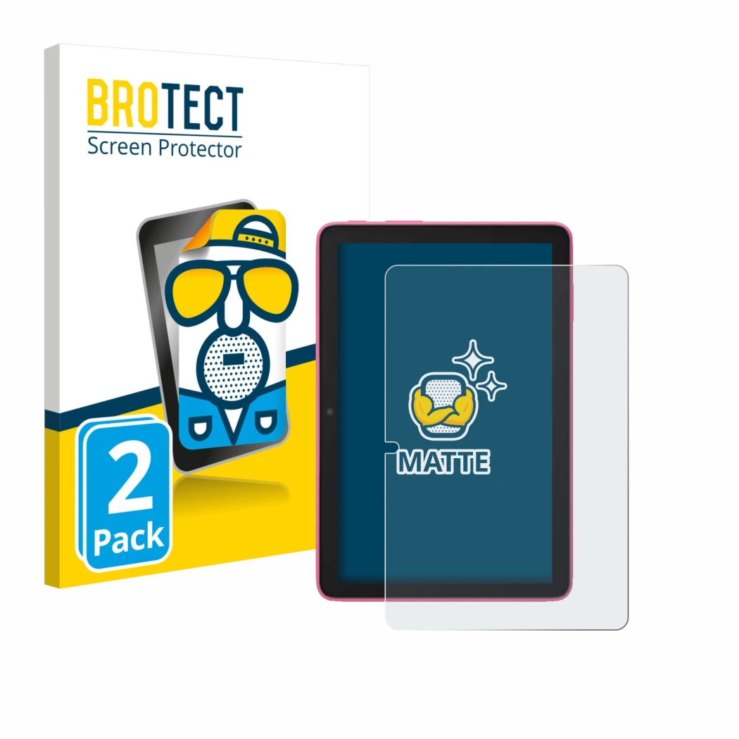 Face avant d’un emballage produit avec le logo de la marque BROTECT. À côté, l’appareil Amazon Fire HD 8 2024 est représenté a