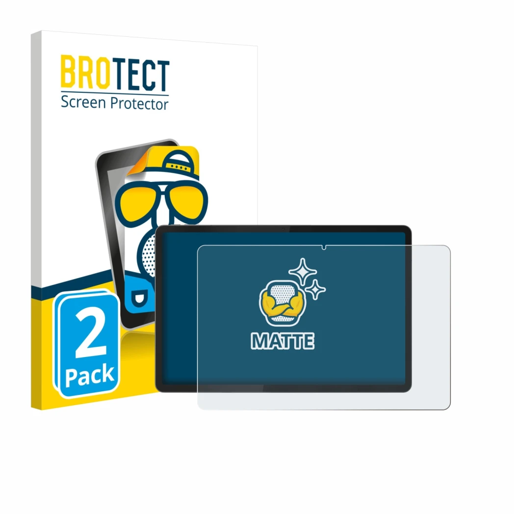 Face avant d’un emballage produit avec le logo de la marque BROTECT. À côté, l’appareil Lenovo Idea Tab Plus 12.1