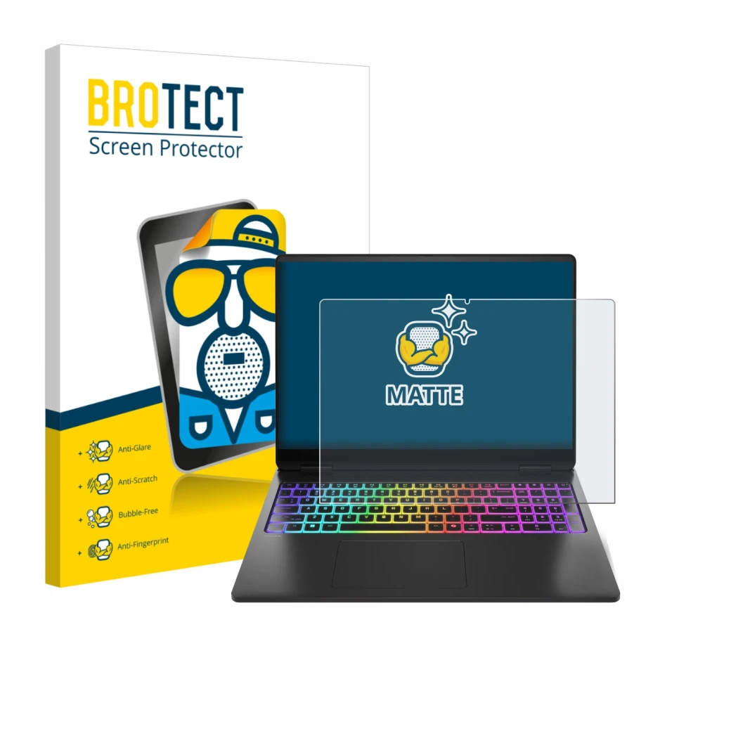 Face avant d’un emballage produit avec le logo de la marque BROTECT. À côté, l’appareil HP Omen Max 16 est représenté avec la 