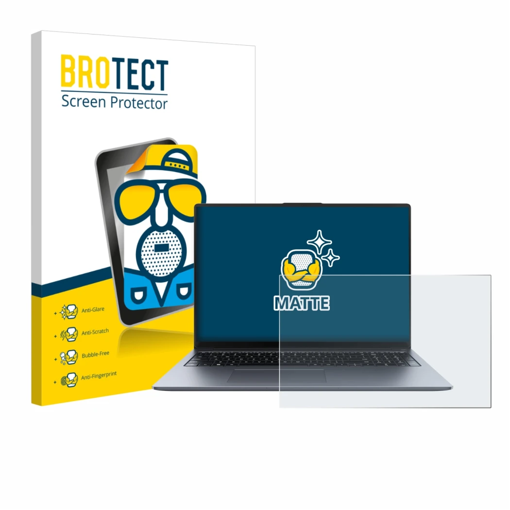 Face avant d’un emballage produit avec le logo de la marque BROTECT. À côté, l’appareil Huawei MateBook D 16 2024 est représen