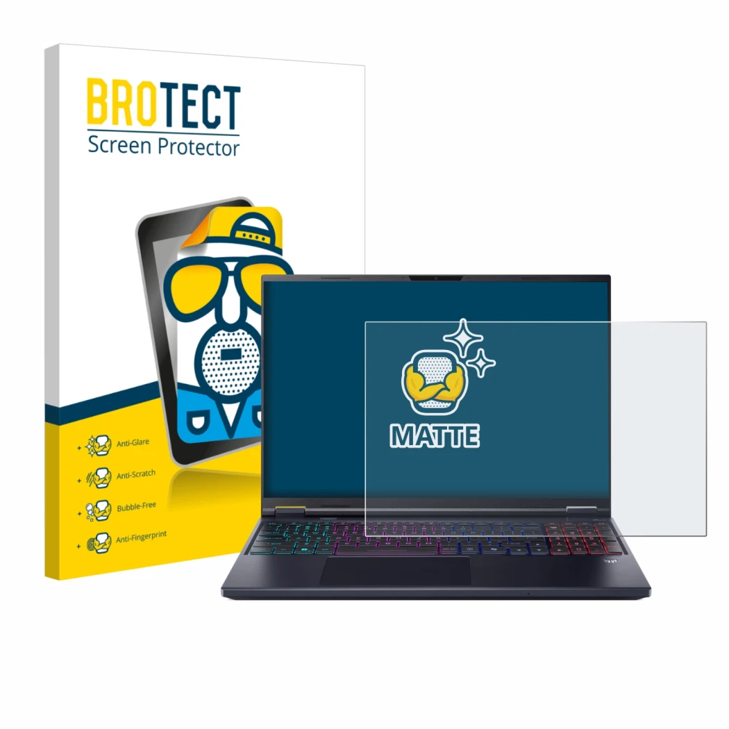 Face avant d’un emballage produit avec le logo de la marque BROTECT. À côté, l’appareil Acer Predator Helios Neo 16 AI est rep