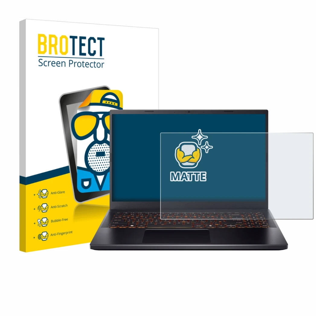 Face avant d’un emballage produit avec le logo de la marque BROTECT. À côté, l’appareil Acer Nitro V 15 est représenté avec la