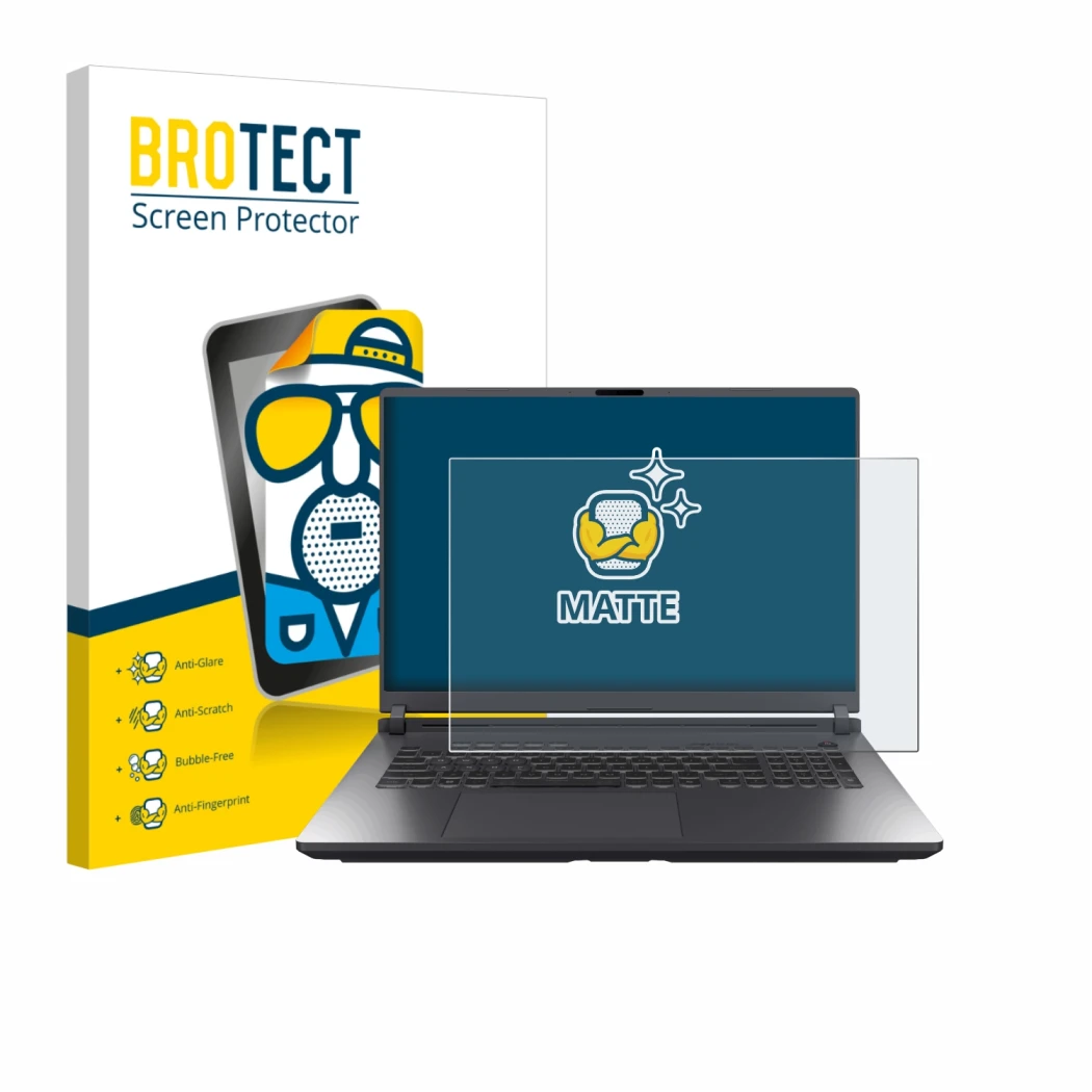 Face avant d’un emballage produit avec le logo de la marque BROTECT. À côté, l’appareil ASUS ROG Strix G18 G815 2025 est repré