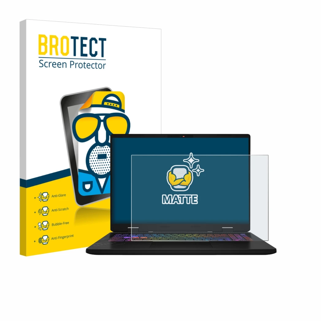 Face avant d’un emballage produit avec le logo de la marque BROTECT. À côté, l’appareil MSI Vector 16 HX AI est représenté ave