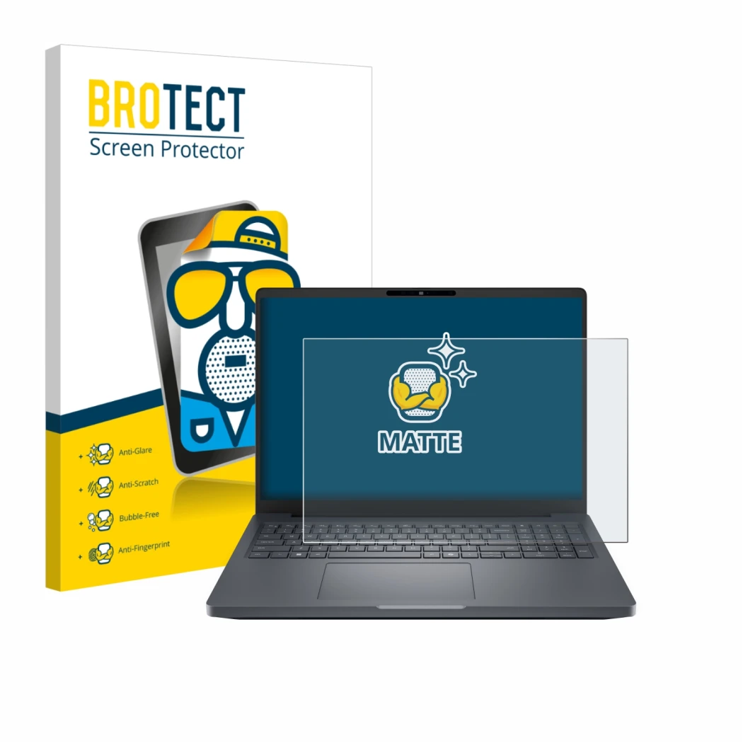 Face avant d’un emballage produit avec le logo de la marque BROTECT. À côté, l’appareil Dell Pro Max 16 Plus est représenté av