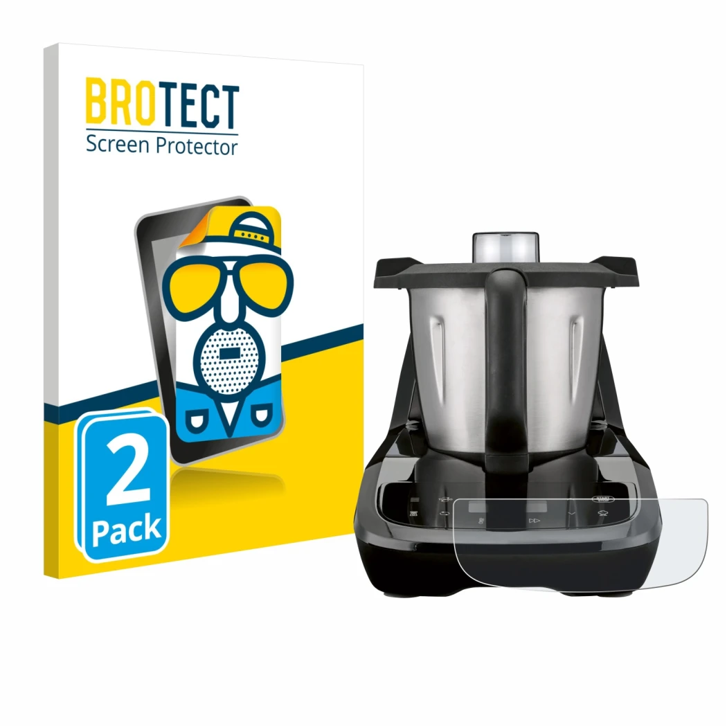 Face avant d’un emballage produit avec le logo de la marque BROTECT. À côté, l’appareil SilverCrest Monsieur Cuisine compact e