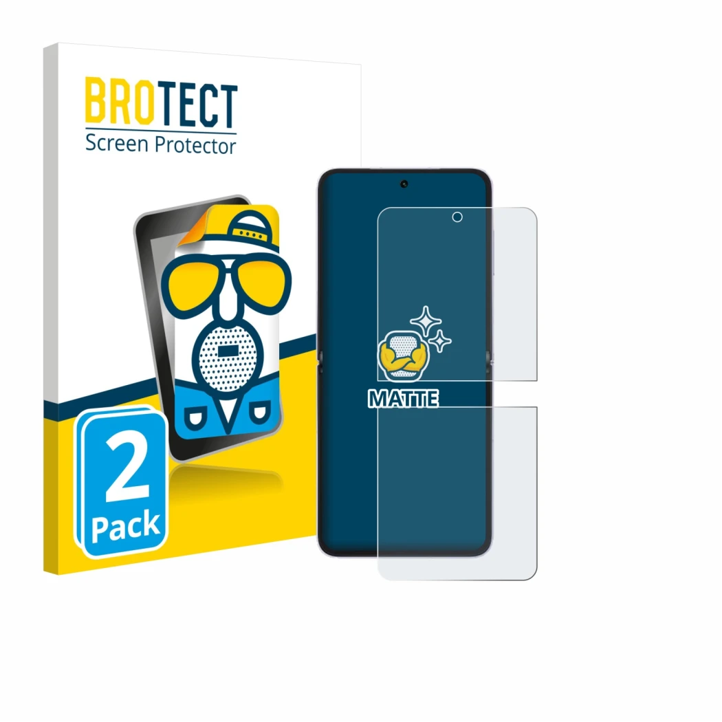 Face avant d’un emballage produit avec le logo de la marque BROTECT. À côté, l’appareil Honor Magic V Flip 2 est représenté av