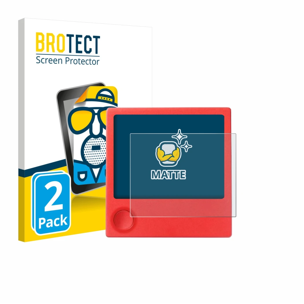 Face avant d’un emballage produit avec le logo de la marque BROTECT. À côté, l’appareil PicPak E-Ink Display est représenté av