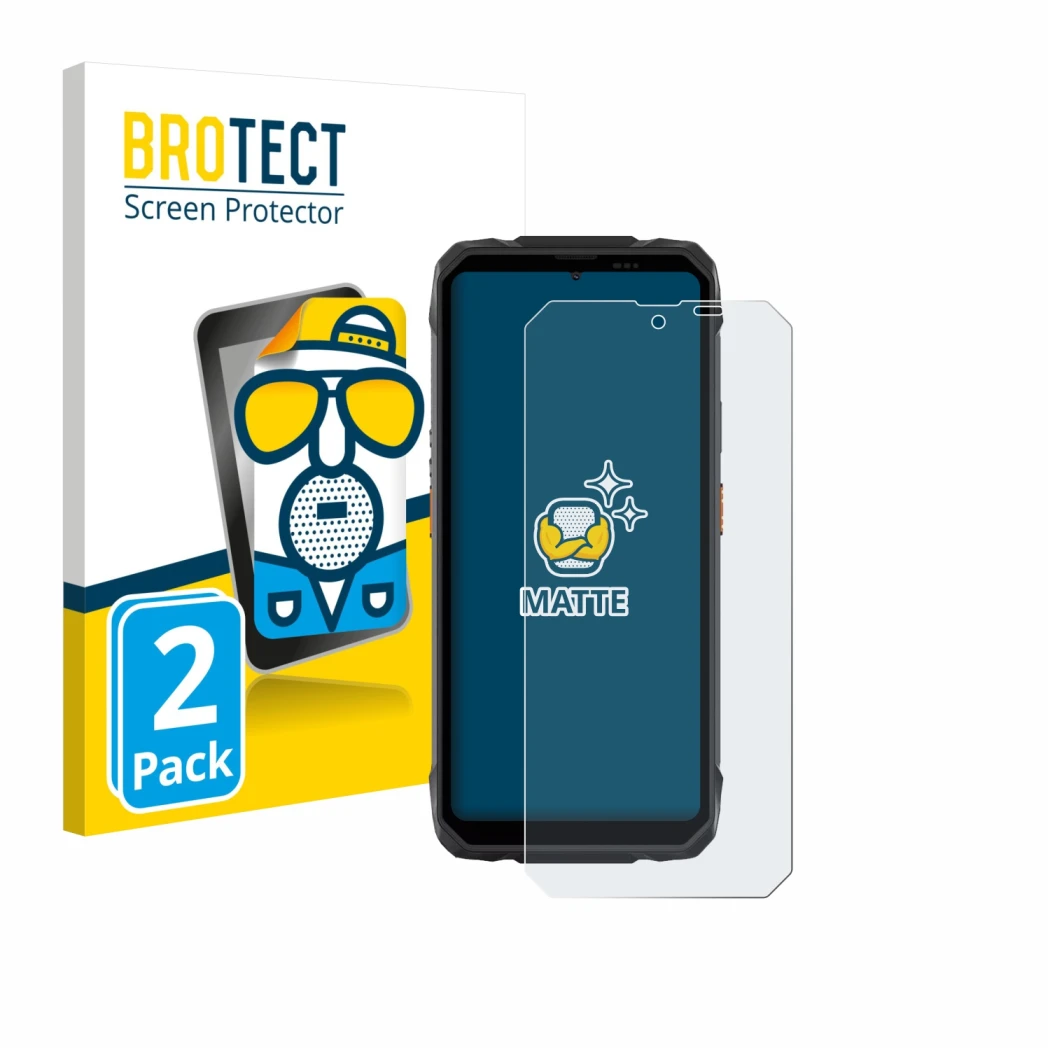 Face avant d’un emballage produit avec le logo de la marque BROTECT. À côté, l’appareil Blackview Rock 1 est représenté avec l