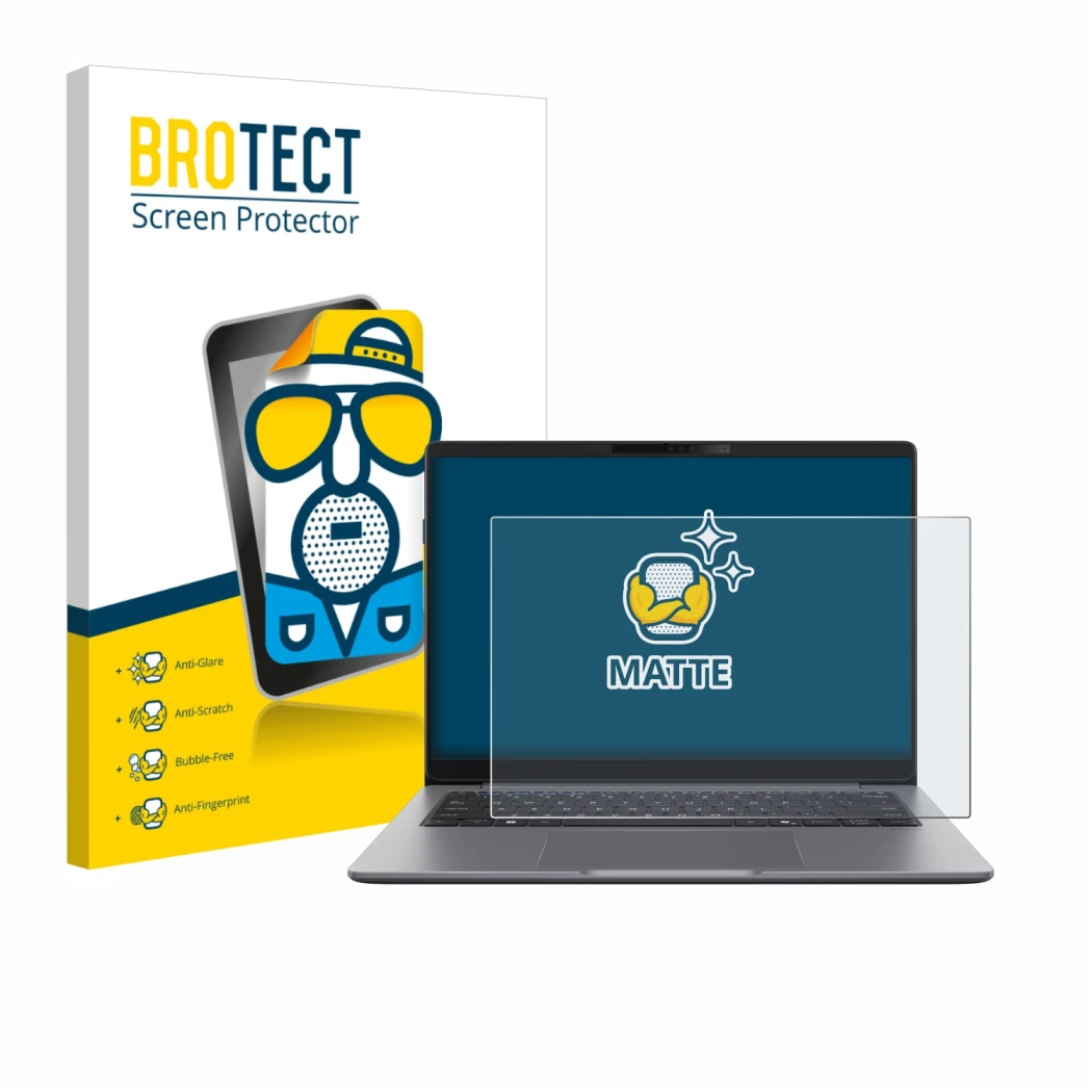 Face avant d’un emballage produit avec le logo de la marque BROTECT. À côté, l’appareil ASUS ExpertBook P5 G2 est représenté a