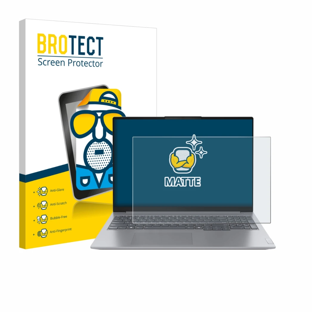 Face avant d’un emballage produit avec le logo de la marque BROTECT. À côté, l’appareil Lenovo ThinkBook 16 Gen 7+ est représe