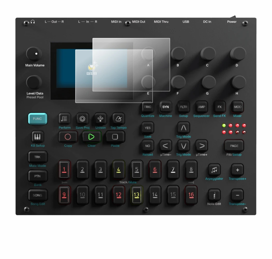 Image de l'appareil Elektron Digitone II avec une grande variété de protections d'écran.