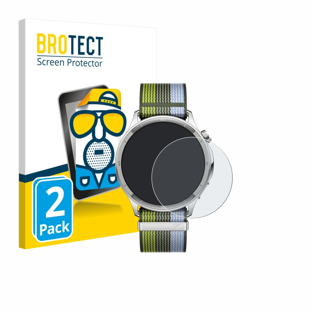 Face avant d’un emballage produit avec le logo de la marque BROTECT. À côté, l’appareil Oppo Watch S est représenté avec la pr