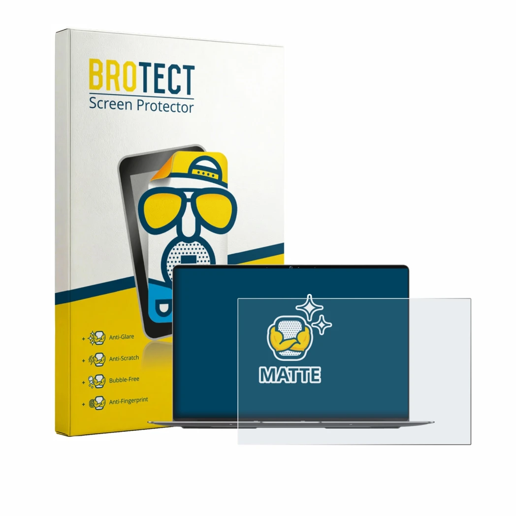 Face avant d’un emballage produit avec le logo de la marque BROTECT. À côté, l’appareil Geekom GeekBook X14 Pro est représenté