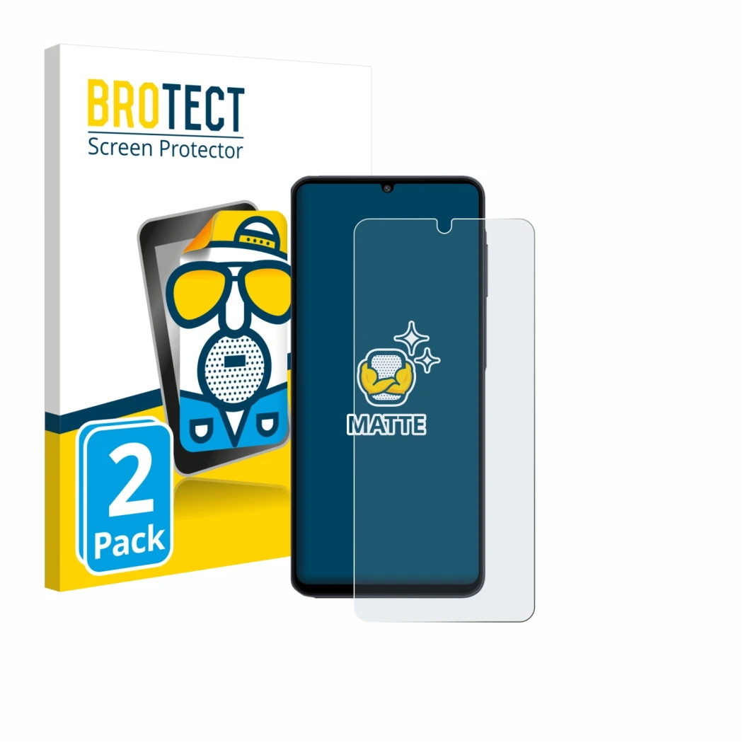 Face avant d’un emballage produit avec le logo de la marque BROTECT. À côté, l’appareil Samsung Galaxy M07 est représenté avec