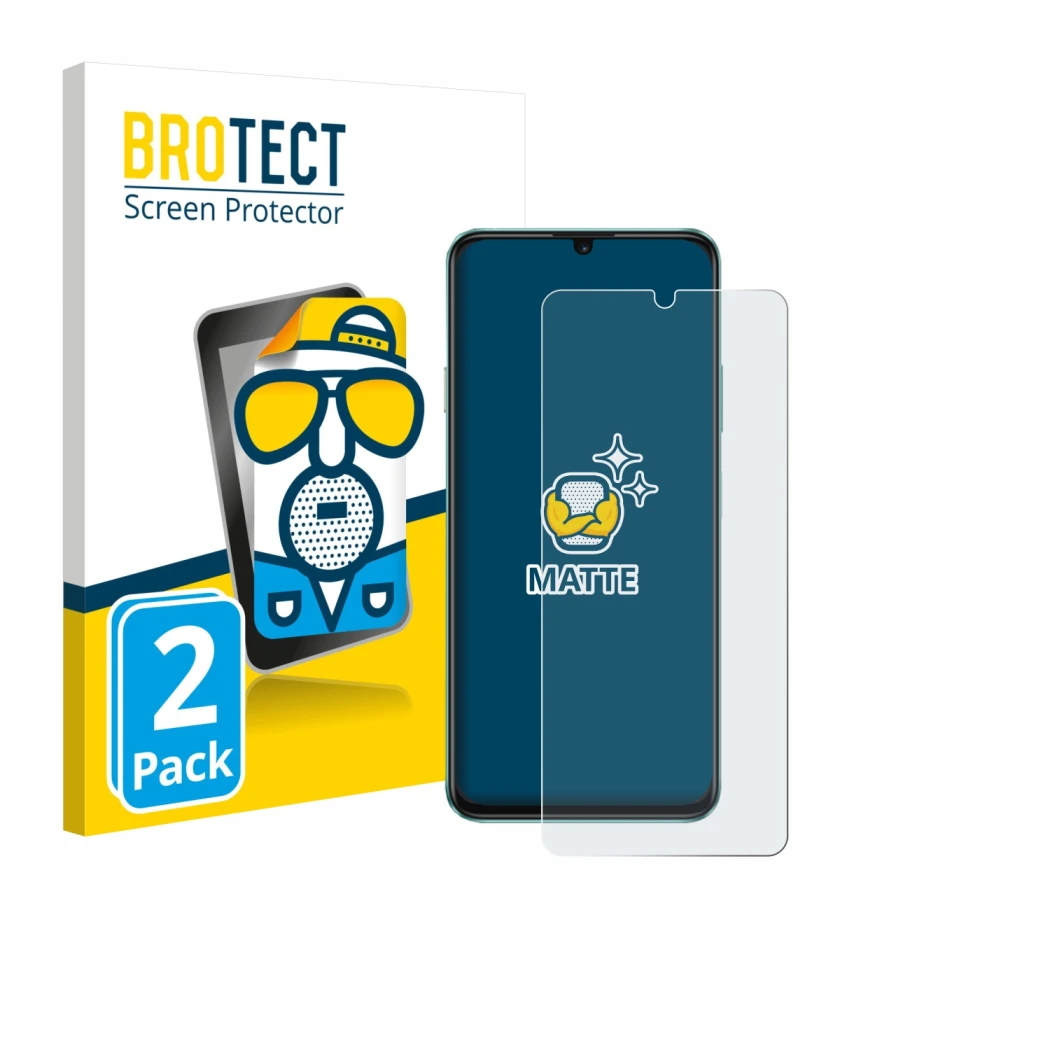 Face avant d’un emballage produit avec le logo de la marque BROTECT. À côté, l’appareil Huawei Enjoy 70 est représenté avec la