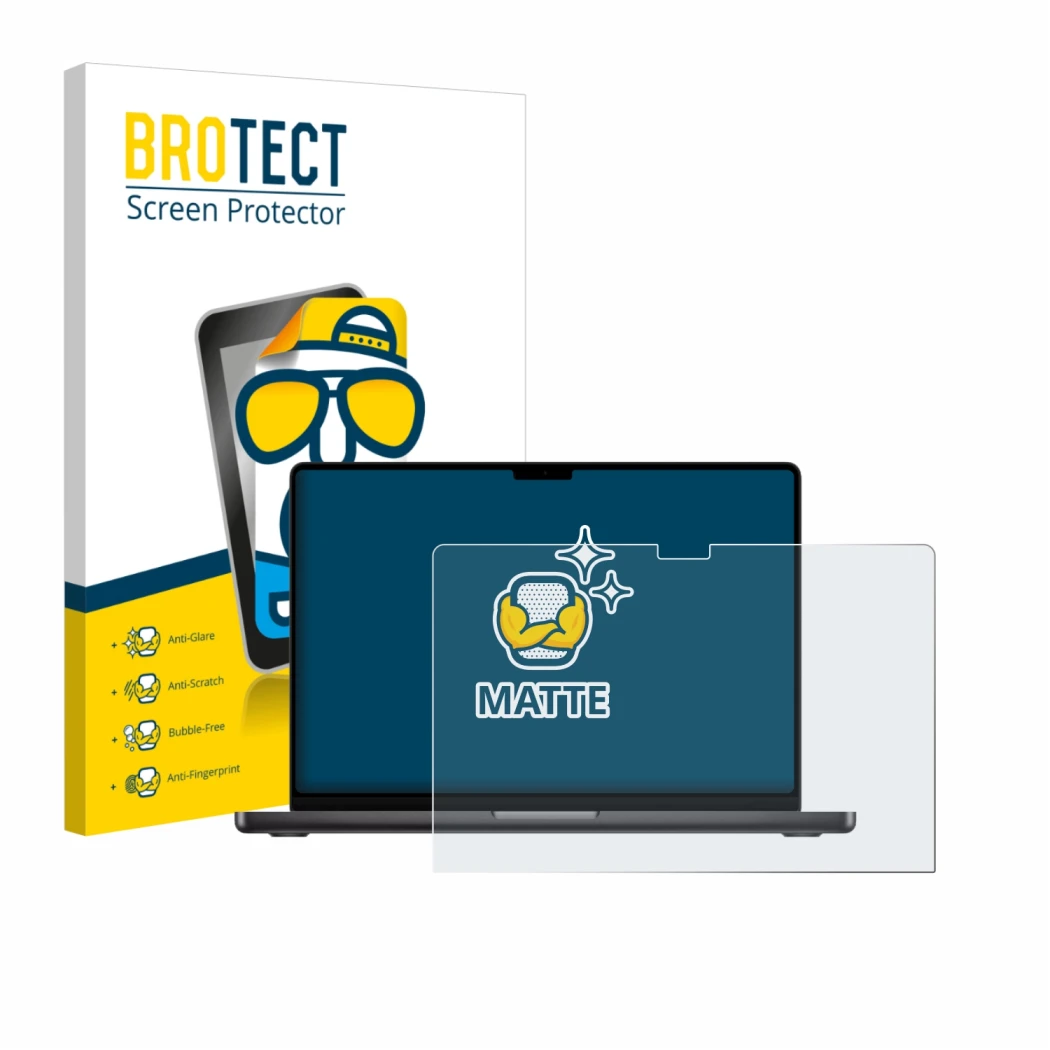 Face avant d’un emballage produit avec le logo de la marque BROTECT. À côté, l’appareil Apple MacBook Pro 16