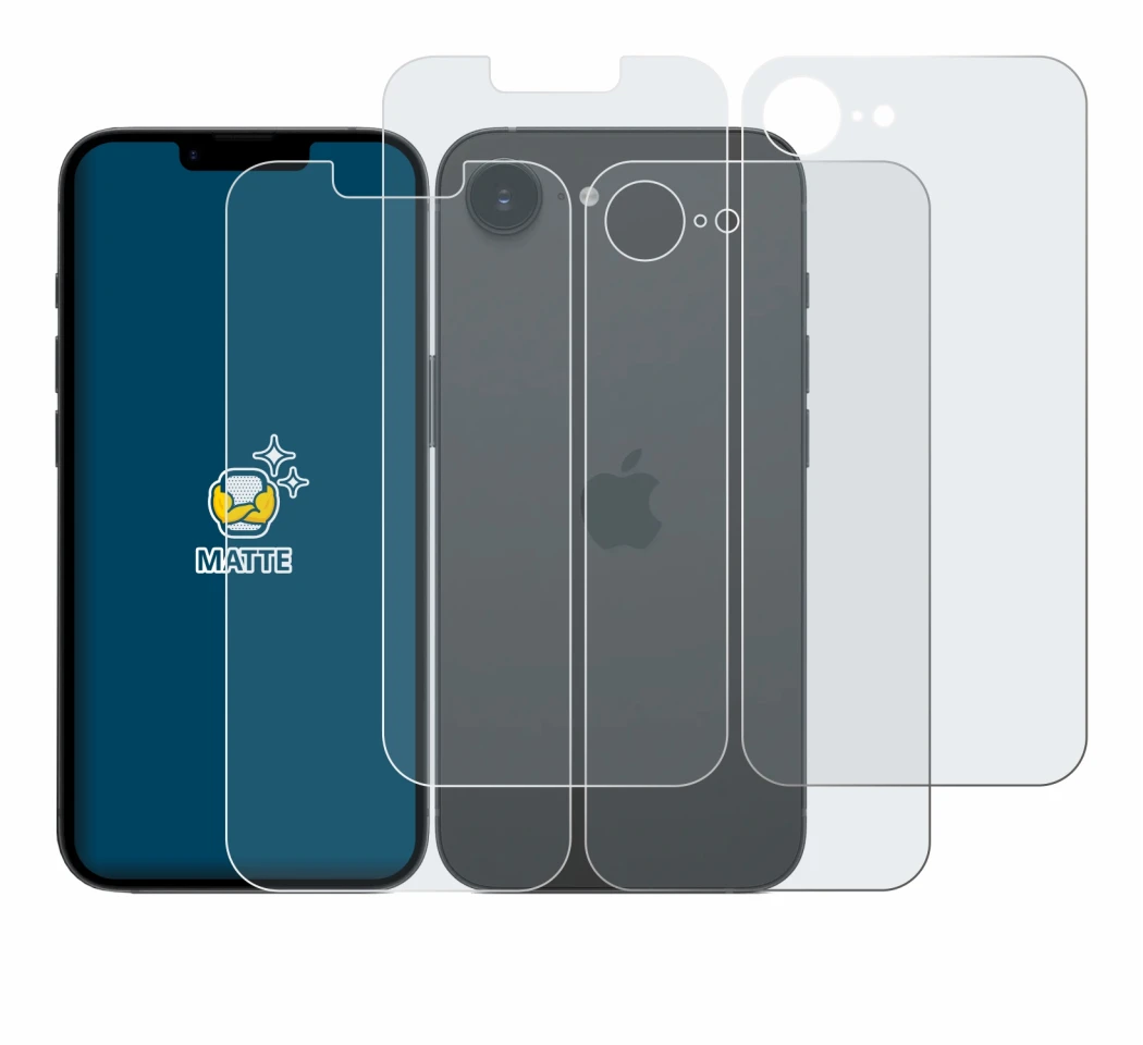 Image de l'appareil Apple iPhone 17e (Avant+Arrière) avec une grande variété de protections d'écran.