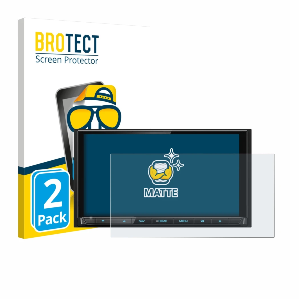 Face avant d’un emballage produit avec le logo de la marque BROTECT. À côté, l’appareil Kenwood DNX9190DABS est représenté ave